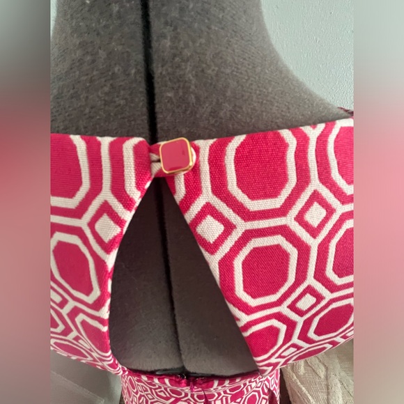 Tahari - Hot Pink White Geo Brocade Pleated Flare Dress - Picture 4 of 5